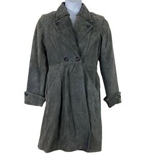 In Suede Medium Leather Coat Gray Peacoat Button Front Lined Pockets Long Sleeve